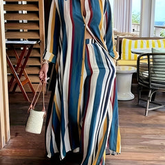 Plus Size Fashionable Outfits Set, Women's Plus Striped Long Sleeve Button Up Shirt & Wide Leg Pants Outfits Two Piece Set