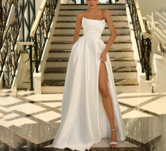 Sexy Strapless Evening Dresses For Women A Line High Side Slit Prom Dress Satin Long Formal Party Gowns robes de soirée