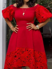 Ingvn - Women Red Dress Off Shoulder Lace Hollow Out Patchwork A Line Pleat Elegant Party Large Size Lady Female Homecoming Robes Gowns