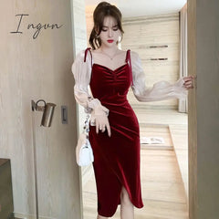 Ingvn - New Red Gold Velvet Dress Foreign Style Autumn and Winter Temperament Bubble Sleeves Hepburn Wind Little Red Dress New Years Eve Outfits Women