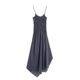 New Women Sexy Spaghetti Straps O Neck Ruched Asymmetrical Dress Holiday Summer Midi Vestidos