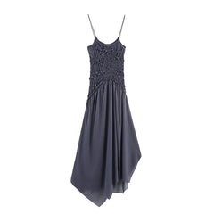 New Women Sexy Spaghetti Straps O Neck Ruched Asymmetrical Dress Holiday Summer Midi Vestidos