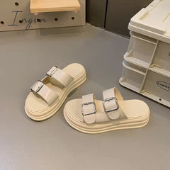 Women's Double Buckle Strap Platform Sandals, Casual Open Toe Flat Sandals, Comfortable Summer Shoes