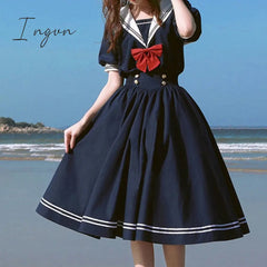 Ingvn - Harajuku Sailor Collar Navy Dress Japanese Lolita Sweet Bow-knot Girl Retro Cotton Kawaii Preppy Style Short Sleeve Dress Women