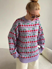 Ingvn Women's Round Neck Cherry Printed Sweater Autumn Winter New Mid Length Fashion Top Retro Knitted Sweater Pullover
