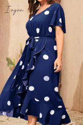 Ingvn - Tibetan Blue Casual Dot Print Patchwork V Neck Short Sleeve Dress Plus Size Dresses