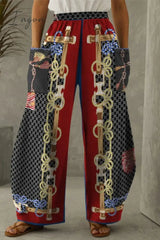 Ingvn - Red Casual Print Patchwork Pocket Regular High Waist Conventional Full Print Trousers