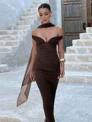 Elegant Off-shoulder Backless Sexy Maxi Dress Women Gown Fashion Scarf Collar Sleeveless Bodycon Club Party Long Dress
