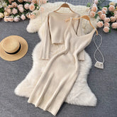 Ingvn - Women Elegant Slim Two Piece Sets Female Sweater Dress Autumn Winter High Waist Knitted Ensemble Femme Medium Long Party Dresses