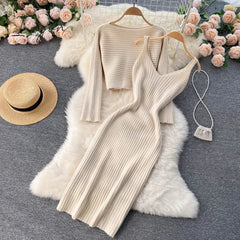 Ingvn - Women Elegant Slim Two Piece Sets Female Sweater Dress Autumn Winter High Waist Knitted Ensemble Femme Medium Long Party Dresses