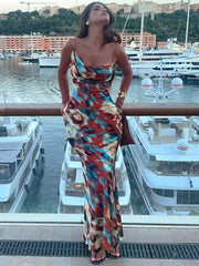 Spaghetti Strap Print Sexy Maxi Dress For Women Gown Fashion Hollow Out Sleeveless Backless Bodycon Club Long Dress