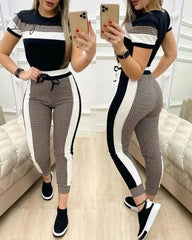 Ingvn - Colorblock Plaid Striped Short Sleeve Tape Top & Drawstring Pants Set Casual Basic Women Two Piece Set