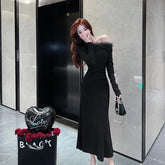 Korean Sexy Patchwork Long Sleeve Knitted Midi Dresses for Women Autumn New Elegant Party Bandage Sweater Female Clothing