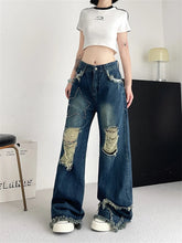 Ingvn Women's Broken Hole Tassel Star Jeans Young Girl Straight Denim Trousers Vintage Street Style Bottoms Female High Waisted Pants