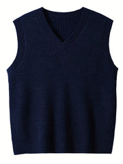 Plus Size Men's Solid Knit Textured Vest Sweater for Spring/Autumn - Oversized Trendy Sleeveless Sweater for Males