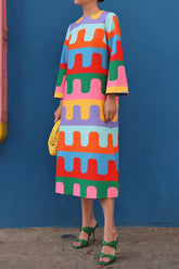 Sweet Cute Geometric Print Contrast O Neck A Line Dresses