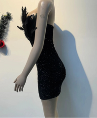 Luxury Birthday Women’s Feathers Sequin Strapless Deep V-neck Black Bodycon Mini Dresses Sexy Club Party Night Prom Robe
