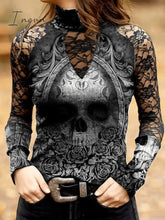 Ingvn - Women's T shirt Tee Black Skull Lace Print Long Sleeve Halloween Weekend Basic High Neck Regular Painting S