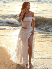 Patchwork 2-Piece Set Jacquard Women Lace Bandage Mini t-Shirt+High Slits Skinny Skirt Elasticated Waist Matching Suits