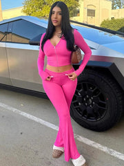 Hooded Top And Trousers Two Piece Sets Women Fashion Zipper Long Sleeve Tops And Flare Pant Female Casual Suit New