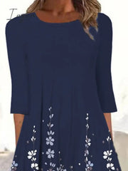 Ingvn - Women's Casual Dress Shift Dress Midi Dress Navy Blue 3/4 Length Sleeve Floral Ruched Summer Spring Crew Neck Basic Vacation Fall Dress Summer Dress 2023 S M L XL XXL 3XL