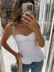 White Smocked Strappy Camisole Women's Sexy Sleeveless Ruffle Slim Bra Solid Color Streetwear Y2k Women's Tops Camisole
