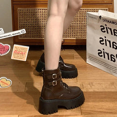 Ingvn Autumn Women Motorcycle Boots Fashion Lace Up Short Booties Autumn Winter Female Platform Heel Shoes