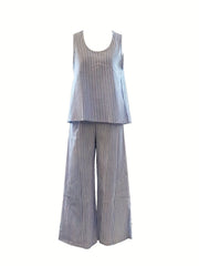 Stripe Print Matching Two-piece Set, Casual Crew Neck Tank Top & Wide Leg Pants Outfits, Women's Clothing