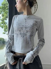 Ingvn - Vintage Women Clothes Y2k T-shirts 2023 Blusas Mujer De Moda O-neck Long Sleeve Print Tunic Woman Tshirts Fashion Casual Tops