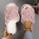 Open Toe Fluffy Home Slippers, Honeycomb Plush Soft Sole Flat Shoes, Women's Indoor Floor Slippers