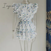 Ingvn - New Arrival Summer Short Sleeve Natasha Mini Dress Women Ruffled A-line Dress Blue Print