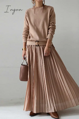 Ingvn - Casual Solid Patchwork Fold O Neck Long Sleeve Dresses