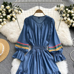 Ingvn - Quality Embroidered Denim Dress 2023 Summer Autumn National Korean Pleated A Line Long Sleeve Cowboy Dress Women Jeans Dress