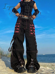 Ingvn - Fashion Trends Gothic Chain Bandage Wide leg Pants Women Oversize Low Rise Dark Academic Trousers Streetwear 90s Baggy Pant Punk Style