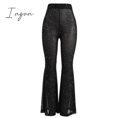 Ingvn - Hot Sparkly Rhinestone Black Mesh Sexy Flare Pants Streetwear Rave Bottoms See Through Beach Bell Bottom Pants C66-BE16