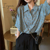 Ingvn - Chiffon Shirts Women Vintage Turn Down Collar Print Short Sleeve Blouse Summer Korean Streetwear Casual Loose Floral Top