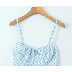 Summer Women Sexy Thin Straps Blue White Plaid Sling Dresses Midi Long Pencil Dress Holiday Robe