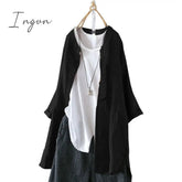 Ingvn - Womens Shirts Vintage Cotton Tunic Casual Long Sleeve Shirt Button Cardigans Female Soid Patchwork Tops Plus Size