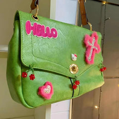 Ingvn Vintage Hello Kitty Womens Shoulder Bag Y2k Green Original Cross Harajuku Style Crossbody Bag Fashion Luxury Female Handbag