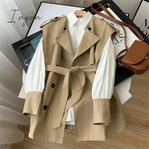Ingvn - Office Ladies Temperament Top 2pcs Sets Tie Waist Trench Coat Vest +White Shirt Stitching Sleeves Women Korean Fashion Suit