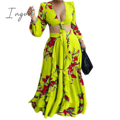 Ingvn - Summer Fashion African Women Long Sleeve V-neck Polyester Printing Yellow Orange Green Two Pieces Sets Top and Long Skirts