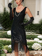 Sequined Fringe Hem Tank Dress, Vintage Sleeveless Bodycon Dress For Banquet & Party, Women's Clothing