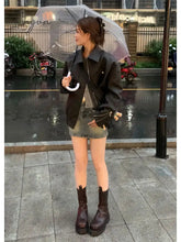 Ingvn - 2023 Autumn Vintage Leather Jackets Women Outwear Casual Long Sleeve Loose Korean Coats Office Lady Y2k Clothing Chic