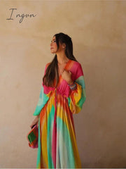 Ingvn - Tie-dye Print Colorful Batwing Sleeve Women Long Dress V-neck Lace Up Elastic High Waist Vestidos Summer Party Streetwear Robes