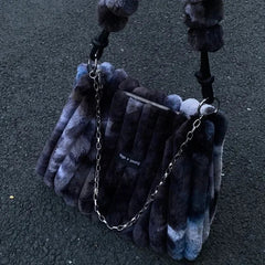 Ingvn Tie-dye Womens Tote Bag Athletic Plush Chain Autumn and Winter Shopper Shoulder Bag Fluffy Large Capacity Ladies Handbag