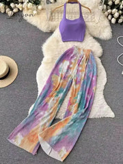 Summer Women Sexy Fashion Casual Pantsuit Halter Tanks Top Wide-Leg Loose Print Pants 2 Pieces Set Female Beach Holiday Outfits