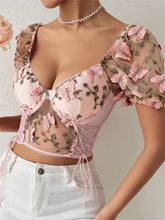 Women Vintage Blouse Butterfly Floral Mesh Puff Short Sleeve Square Neck Corset Crop Tops Summer Elegant Sexy Shirts