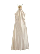 Satin Front Flower Backless Camisole Midi Dress Sleeveless Slim Solid Bandage Long Dresses Fashion Women Beach Streetwear