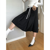 Casual Korean Contrast Color Drawstring Skirt Women's Autumn Mid-Length A-Line High Waist Slim Pleated Skirt Women