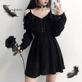 Ingvn - Women dress demon girl original black spring and autumn sexy high waist femme dress shoulder long sleeve gothic dress A085